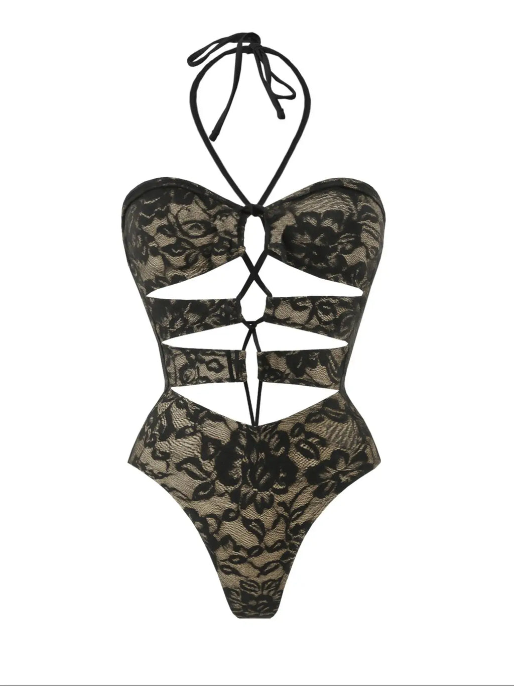 Lace One Piece Swimsuit With Skirt Cut Out Halter Neck High Leg Beach Bodysuit Monokini