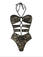 Lace One Piece Swimsuit With Skirt Cut Out Halter Neck High Leg Beach Bodysuit Monokini