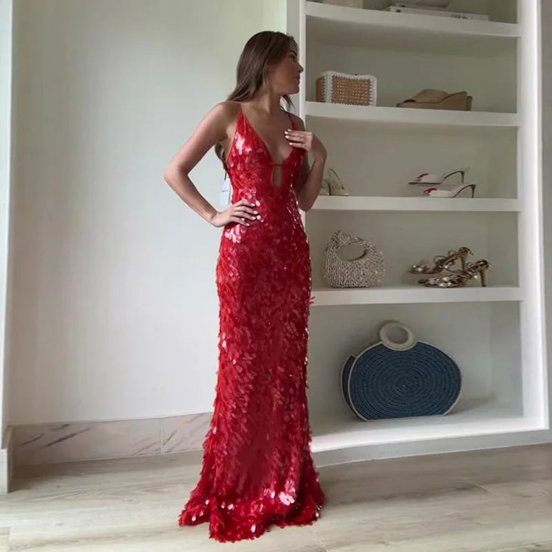 Gleaming Sequined V Neck Maxi Dress Sleeveless Backless High Waist Gown