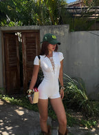 Sexy Lace Up Front Short Sleeve Playsuit In Knit Fabric Flirty One Piece Romper