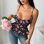 Floral Print Coquette Crop Corset Top With Spaghetti Straps And Ruffle Hem