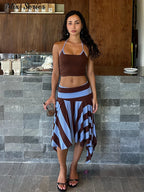 Striped Midi Skirt With Asymmetric Pleated Hem For Women Casual Style Flattering Low Rise
