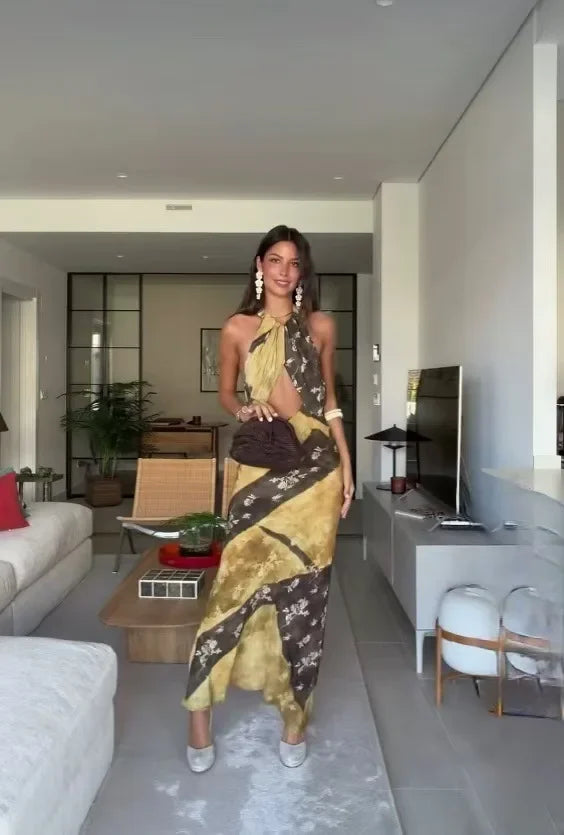 Sunny Yellow Floral Halter Maxi With Openwork Waist Vintage