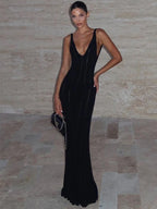 Backless Knit Maxi Dress With V Neck Sleeveles Long Gown