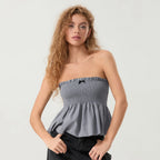 Women Floral Bow Crop Top With Ruffles And Backless Strapless Tank