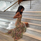 Elegant Floral Spaghetti Strap Maxi Dress With Backless High Split Ruched Silhouette