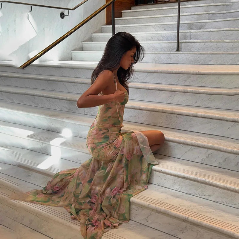 Elegant Floral Spaghetti Strap Maxi Dress With Backless High Split Ruched Silhouette