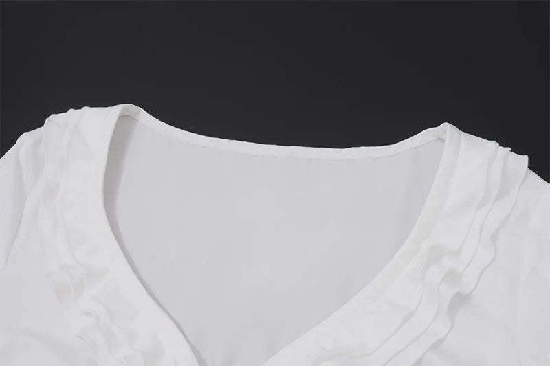 Elegant White Coords Set With Ruffled Trim Skirt And Long Sleeve Top
