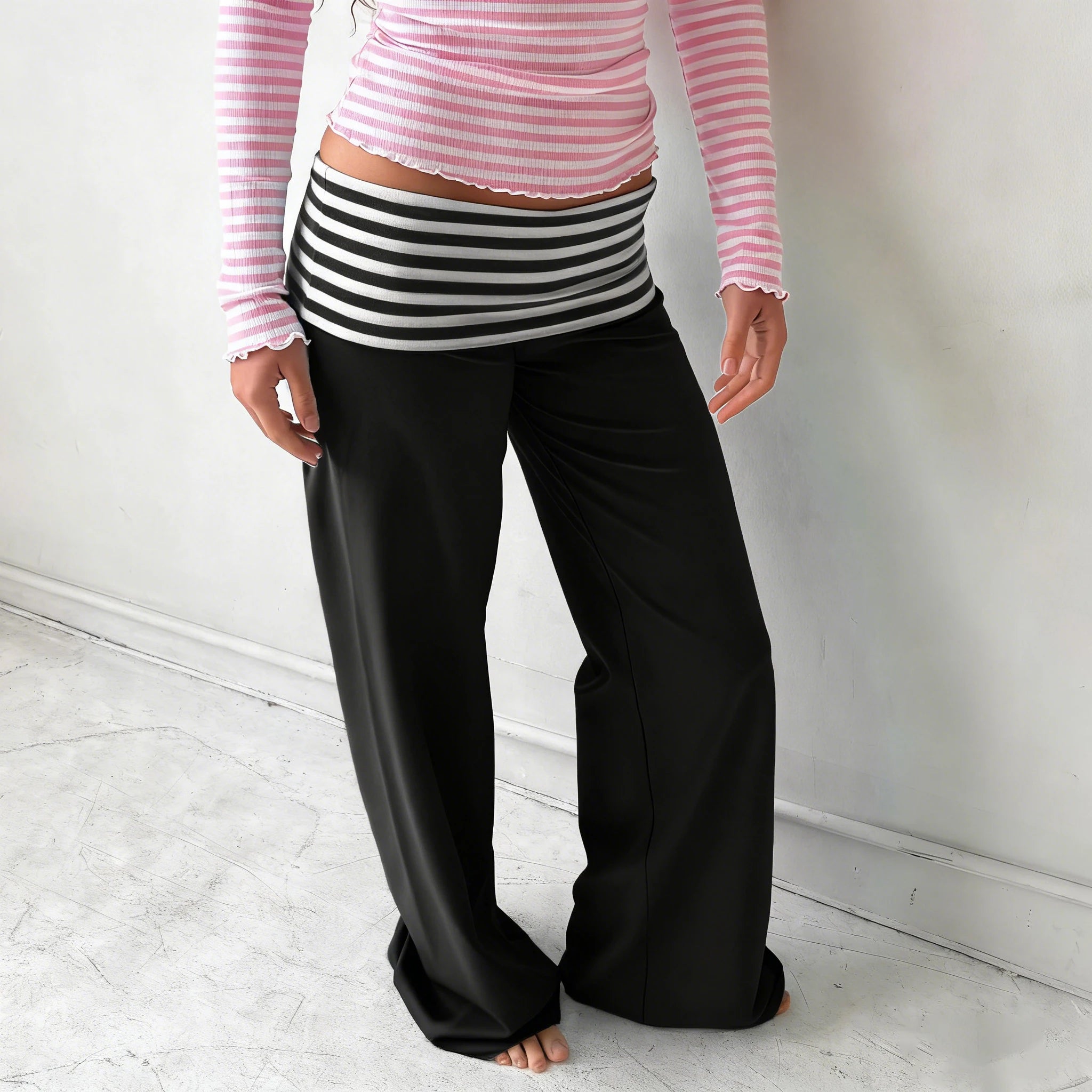 Soft Wide Leg Trousers With Fold Over Waist Solid Color Casual Bottoms