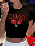 Cherry Print Crop Tee With Crew Neck Short Sleeves Slim