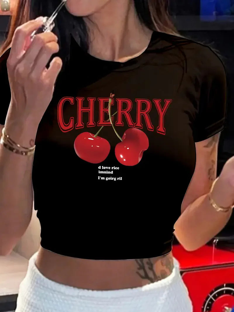 Cherry Print Crop Tee With Crew Neck Short Sleeves Slim