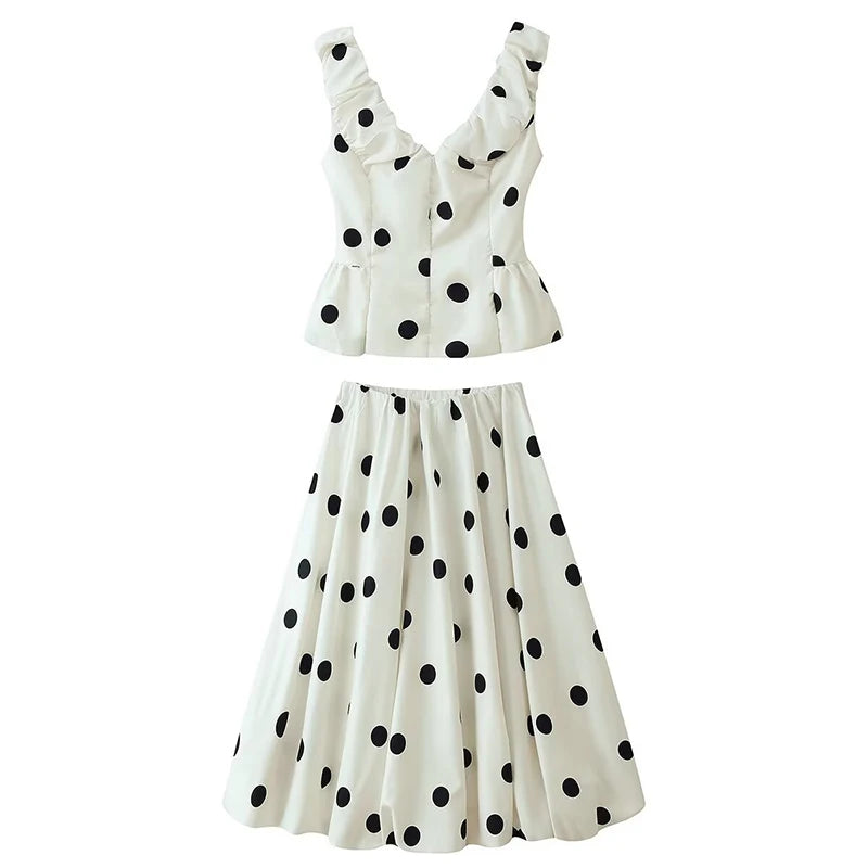 Long Polka Dot Skirt Set With Cropped Puffy Sleeveless Top