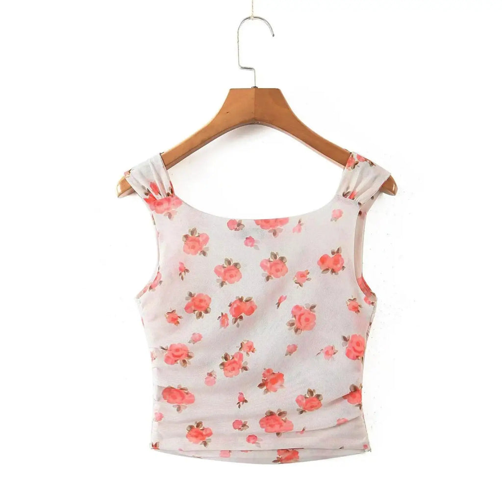 Apricot Floral Mesh Tank Top With V Neck And Ruched Corset Silhouette Sleeveless Crop Cami