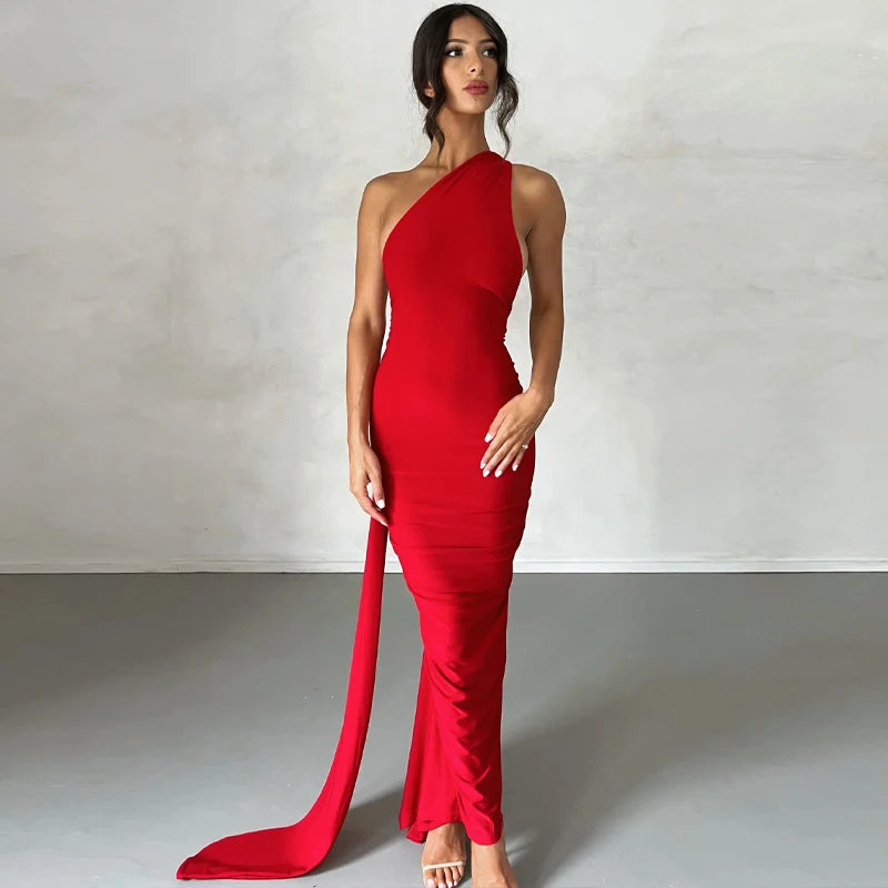 One Shoulder Backless Ruched Slim Long Dress