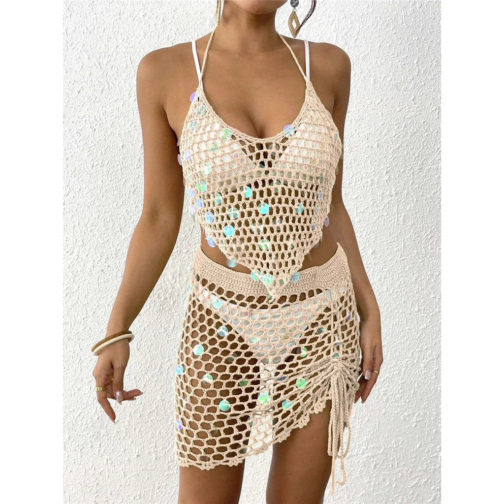 Hollow Out Skirt Crochet Knitted 2 Pieces Suits Cover Up