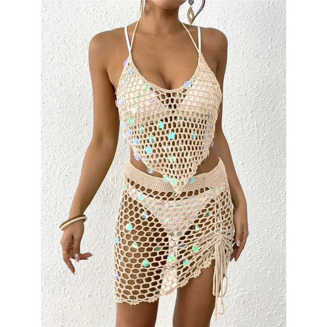 Hollow Out Skirt Crochet Knitted 2 Pieces Suits Cover Up