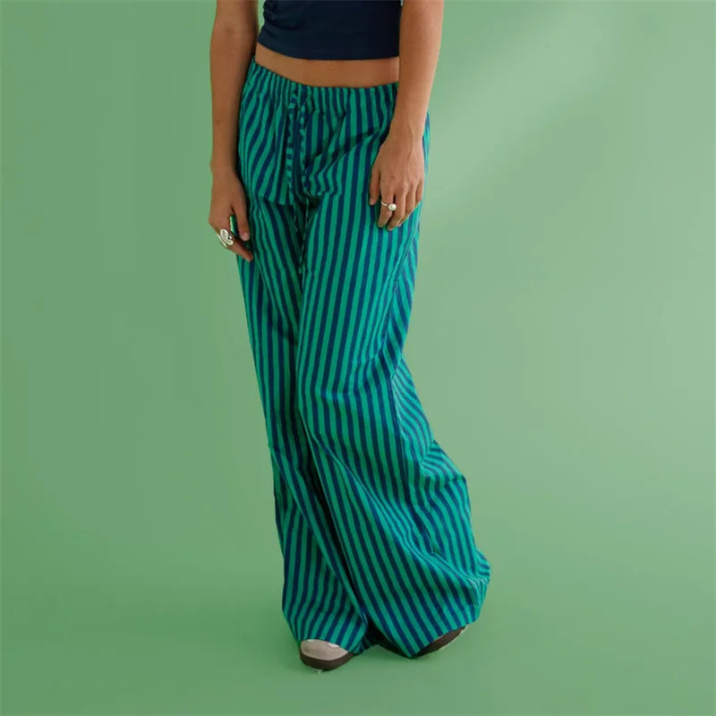 Striped Wide Leg Drawstring Pants With Pockets Elastic Waist Flared Baggy