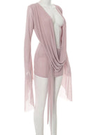 Ruched Sheer Mesh Dress With Flare Sleeves V Neck