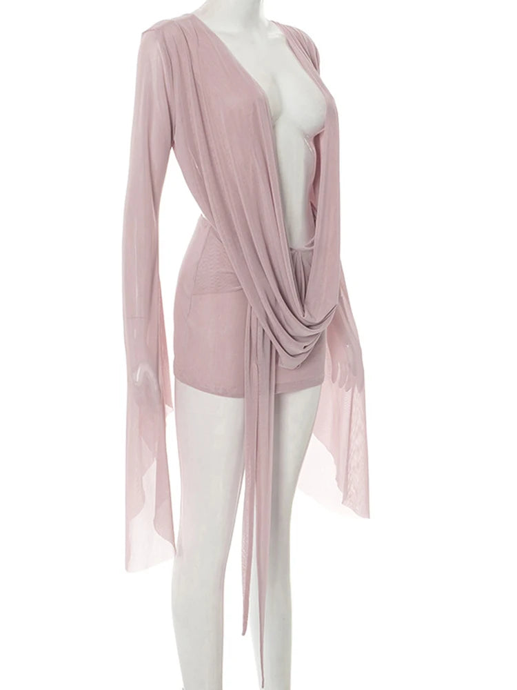 Ruched Sheer Mesh Dress With Flare Sleeves V Neck