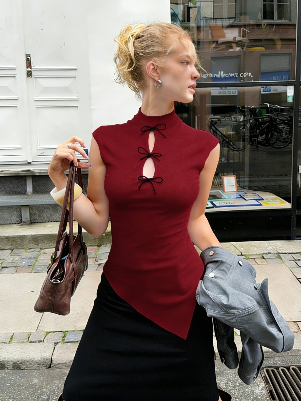 High Neck Hollow Out Bow Top