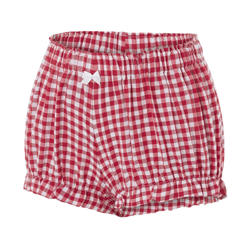 Cozy Kawaii Plaid Pajama Shorts With Elastic Waist Ruffle Trim