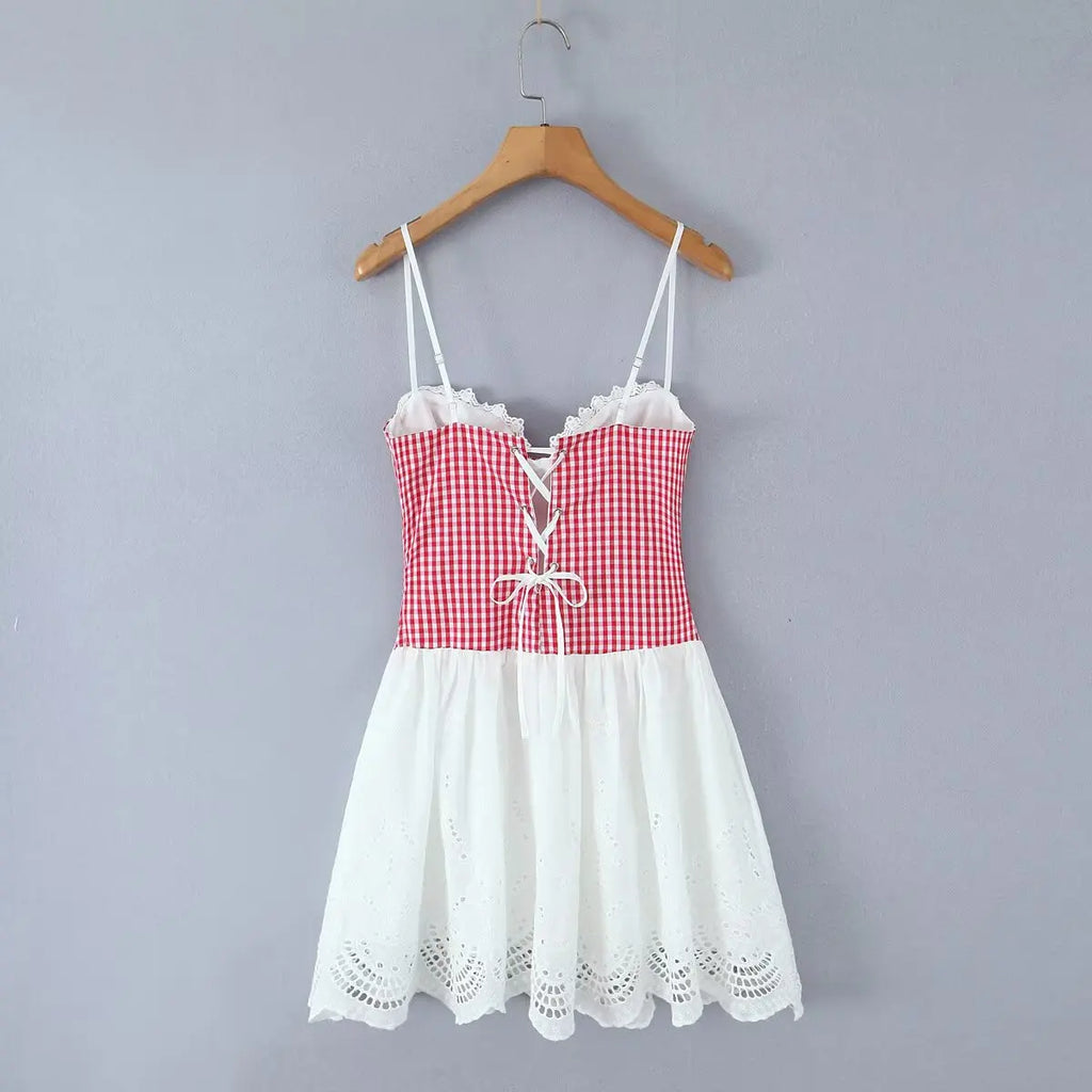 Sexy Women Plaid Spliced Sling Mini Summer Dress Lacing Up Bandage Back A-line Cotton Dress