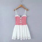 Sexy Women Plaid Spliced Sling Mini Summer Dress Lacing Up Bandage Back A-line Cotton Dress