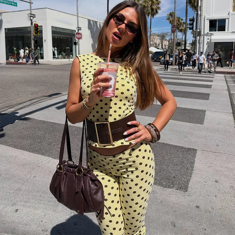 Retro Yellow Polka Dot Open Back Sleeveless Top And Capri Pants Set High Waist