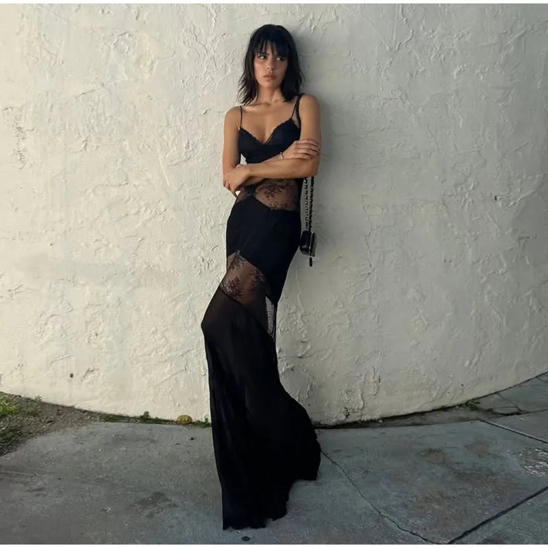 Lace See Through Sling Maxi Dress Evening