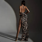 Zebra Print Maxi Dress With Lace Patchwork And Backless Slit l
