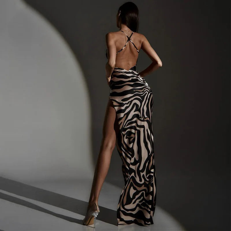 Zebra Print Maxi Dress With Lace Patchwork And Backless Slit l