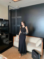 Floral Pearl Knit Maxi Dress Sleeveless O-Neck With Pleated Details