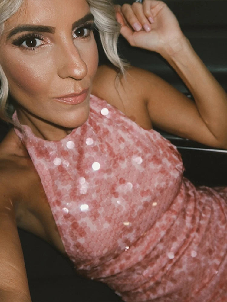 Glam Sequin Halter Mini Dress Backless Party Gown