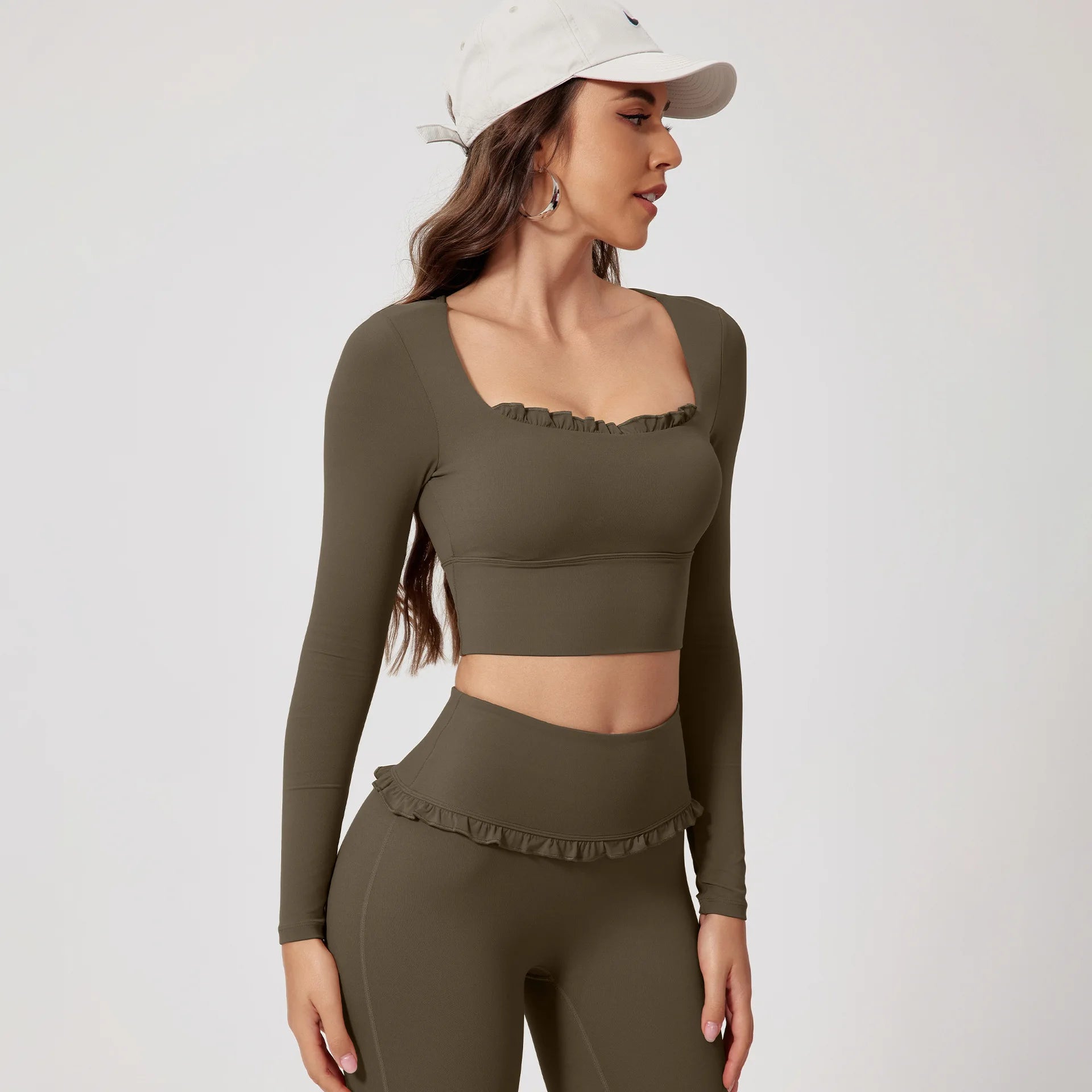 Women Shirts Long Sleeve for Yoga Crop Top Square Neck Workout Clothing with Chest Pads Fitness