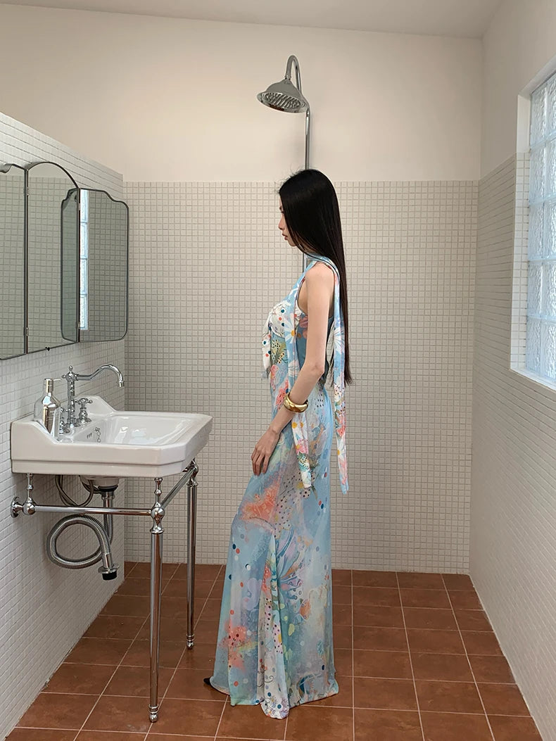 Floral Maxi Dress With Backless Design V Neck Halter Dress