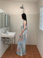 Floral Maxi Dress With Backless Design V Neck Halter Dress