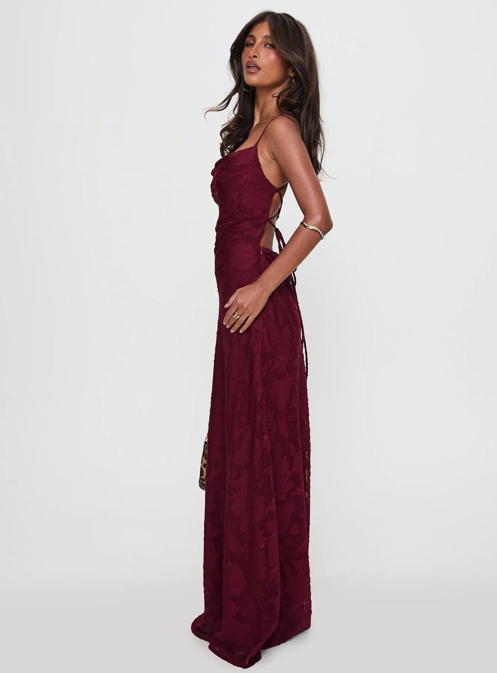 Romantic Floral Jacquard Maxi Dress With Spaghetti Straps Ruched