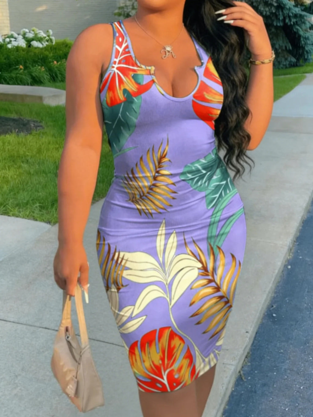 Plus Size Sleeveless Notched U Neck Tropical Print Bodycon Mini Dress