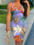 Plus Size Sleeveless Notched U Neck Tropical Print Bodycon Mini Dress