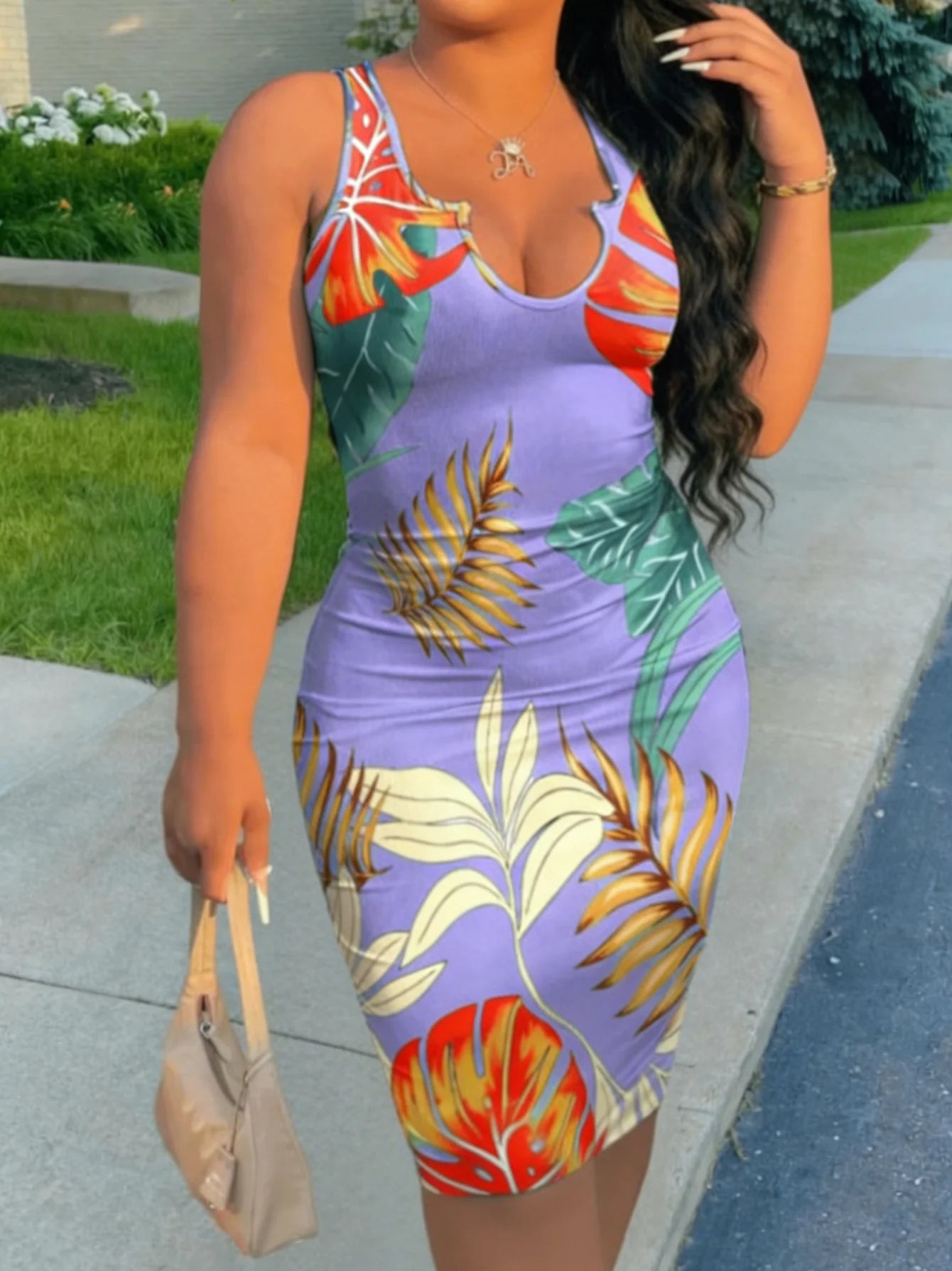 Plus Size Sleeveless Notched U Neck Tropical Print Bodycon Mini Dress