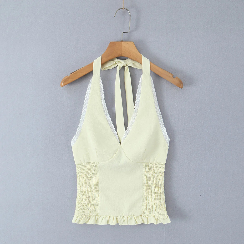 Sweet Girl Sexy Backless Halter White Lace Trim Fitted Crop Top