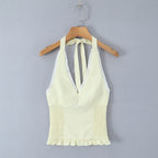 Sweet Girl Sexy Backless Halter White Lace Trim Fitted Crop Top