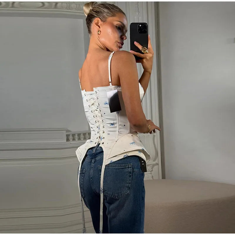 Romantic Floral Corset Cami Top With Sweetheart Neckline And Irregular Hem For Summer