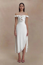 Off Shoulder Ruffle Midi Dress With Front Cutout High Waist Side Split