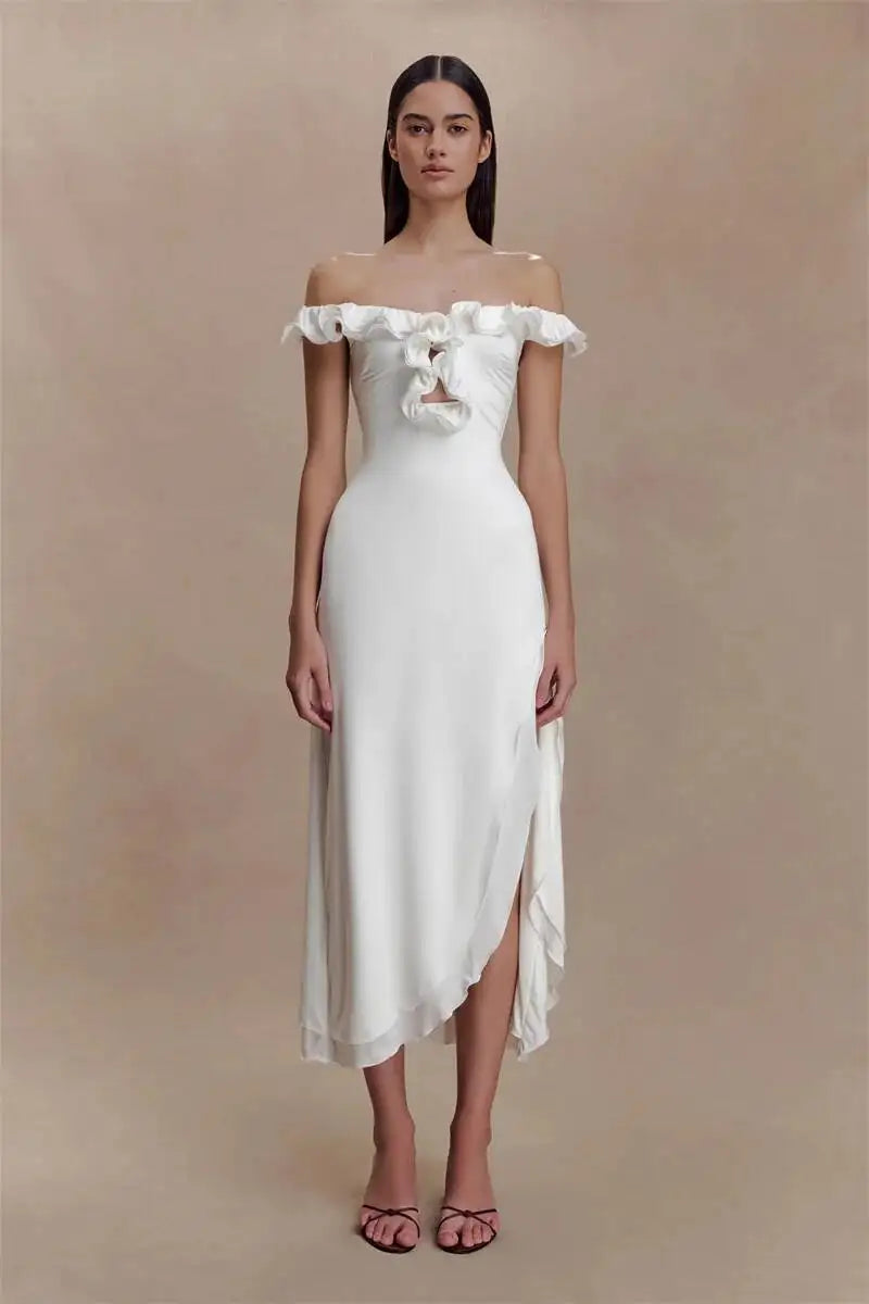 Off Shoulder Ruffle Midi Dress With Front Cutout High Waist Side Split