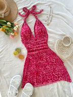 Leopard Halter Neck Mini Dress With Tie Up Front And Ruffle Hem