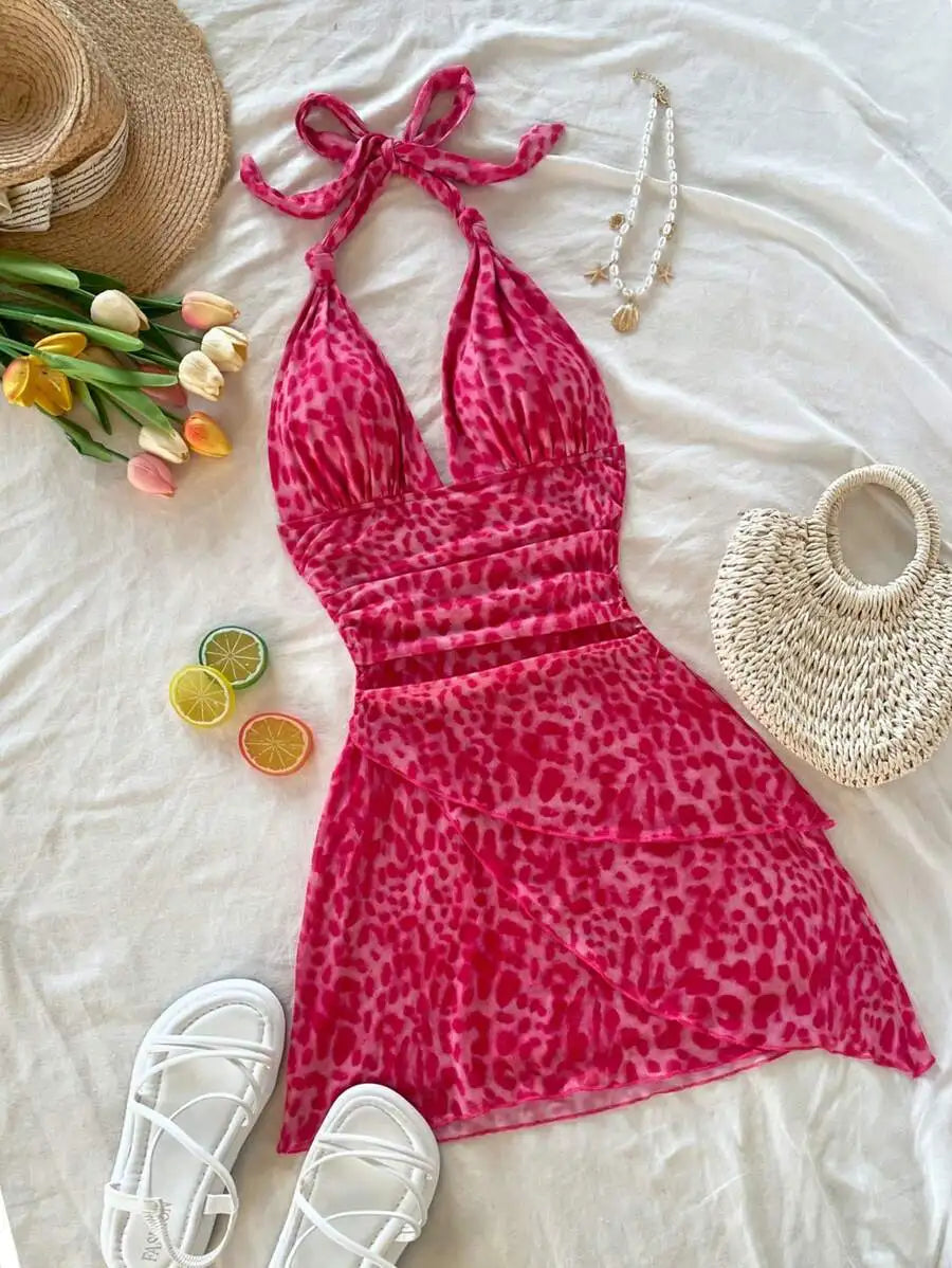 Leopard Halter Neck Mini Dress With Tie Up Front And Ruffle Hem
