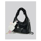 Cloudy Glamour Plush Pendant Shoulder Bag in Glossy Ruched Leather
