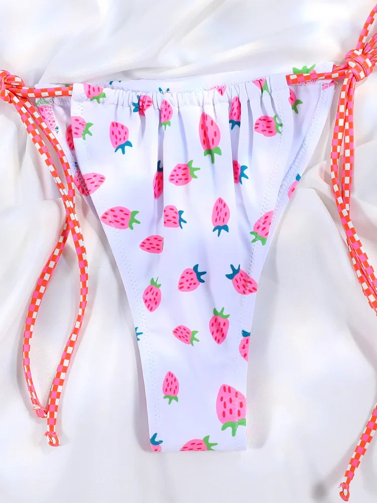 Floral Bow Pink Bikini Swimsuit For Women Low Waist Bandage Beachwear Chic Summer Bathing Suit
