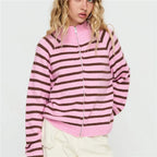 Cozy Striped Zip Up Cardigan With High Neck Knit